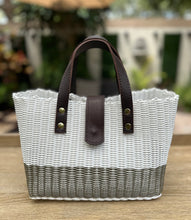 Load image into Gallery viewer, New White And Champagne Color Block Mini Tote With Espresso Leather Handles
