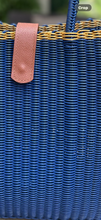 Load image into Gallery viewer, New Indigo Blue And Gold Trim Tall Tote With Cognac Leather Closure
