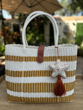 Load image into Gallery viewer, New Large White And Shimmering Gold Striped Beach Bag With Cognac Leather Closure.
