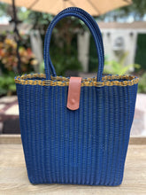 Load image into Gallery viewer, New Indigo Blue And Gold Trim Tall Tote With Cognac Leather Closure
