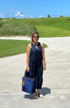 Load image into Gallery viewer, New Indigo Blue And Gold Trim Tall Tote With Cognac Leather Closure
