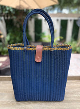 Load image into Gallery viewer, New Indigo Blue And Gold Trim Tall Tote With Cognac Leather Closure
