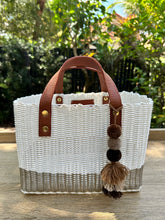 Load image into Gallery viewer, Mini White Champagne Tote Bag - Camel Leather Handles
